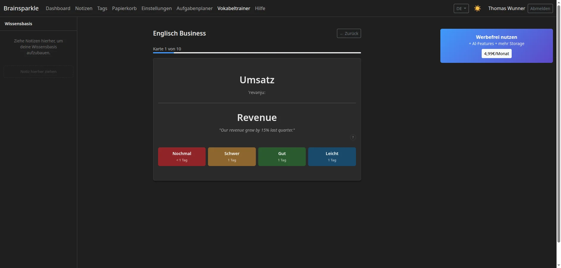 Entraineur de vocabulaire Brainsparkle avec flashcard et boutons d'evaluation