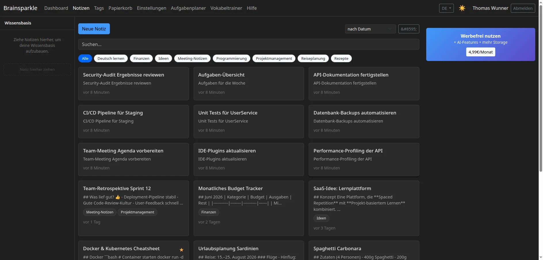 Apercu des notes Brainsparkle avec tags et previsualisation